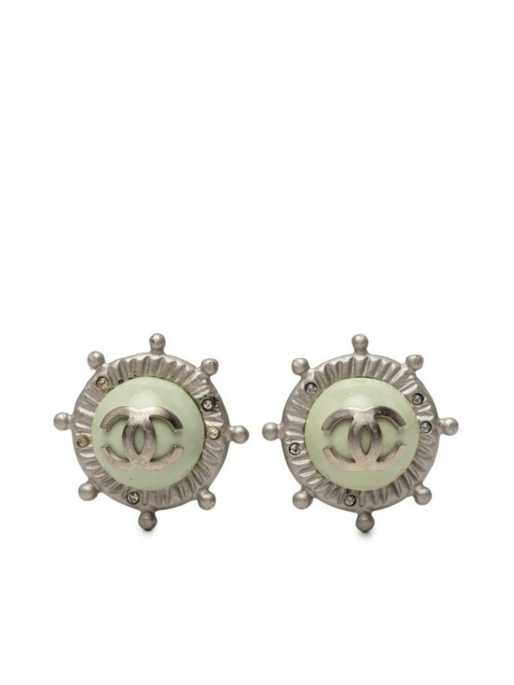 Chanel CC Logo Earrings 05A Silver Green Metal Rhinestone